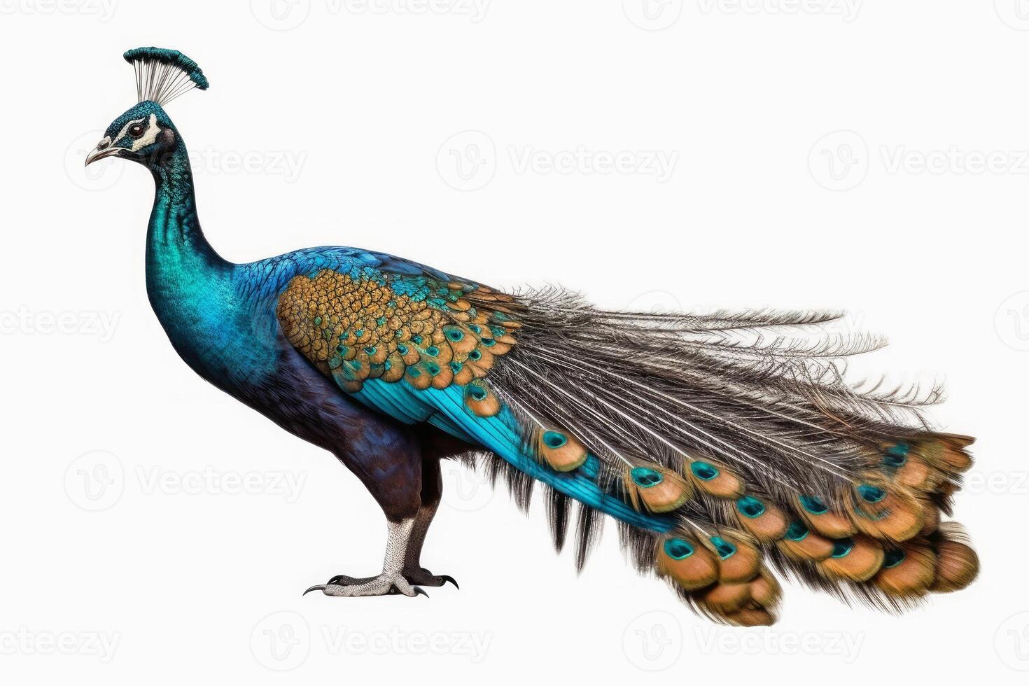 A beautiful peacock on a white background created with technology. photo