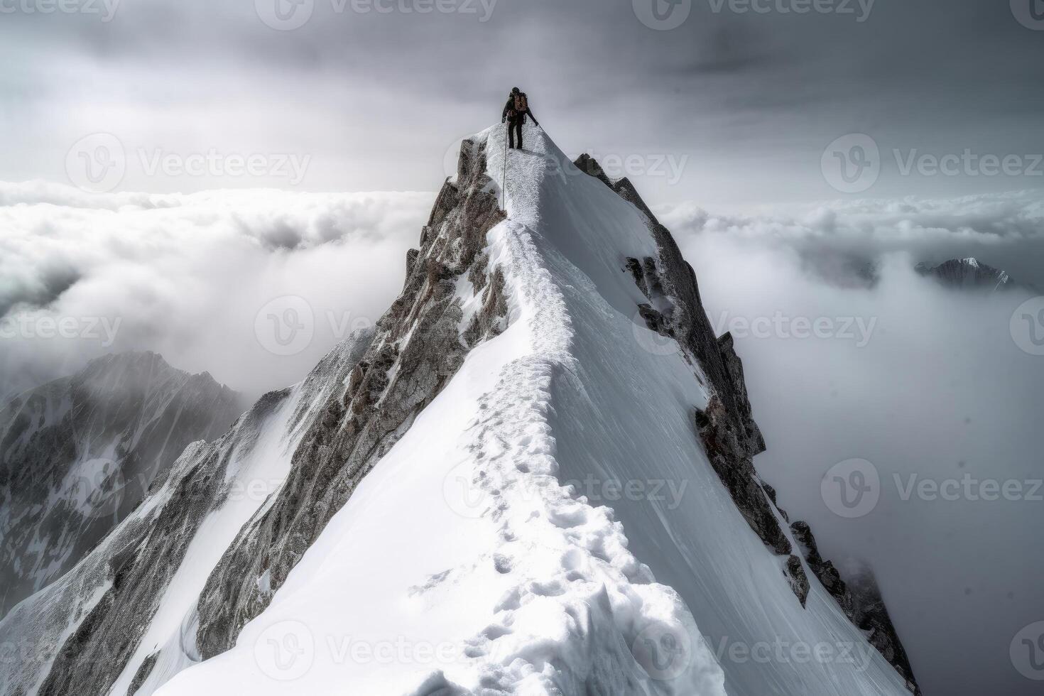 A single climber on the way to the summit created with generative AI technology. photo