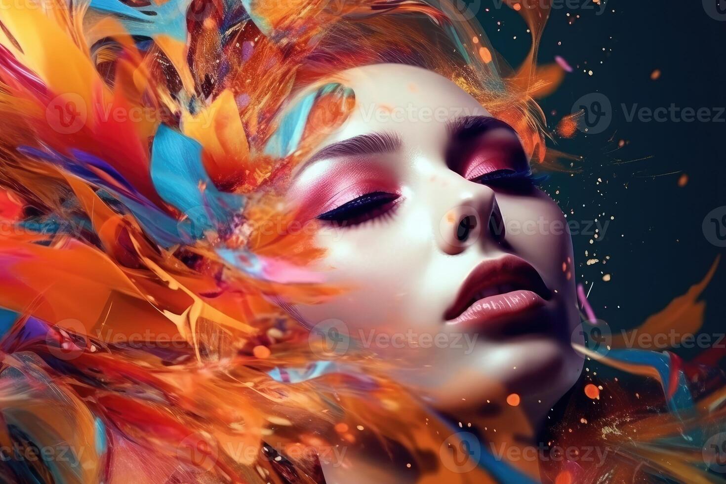 Close up of a beautiful cyberspace female face in a chaotic surreal style created with technology. photo