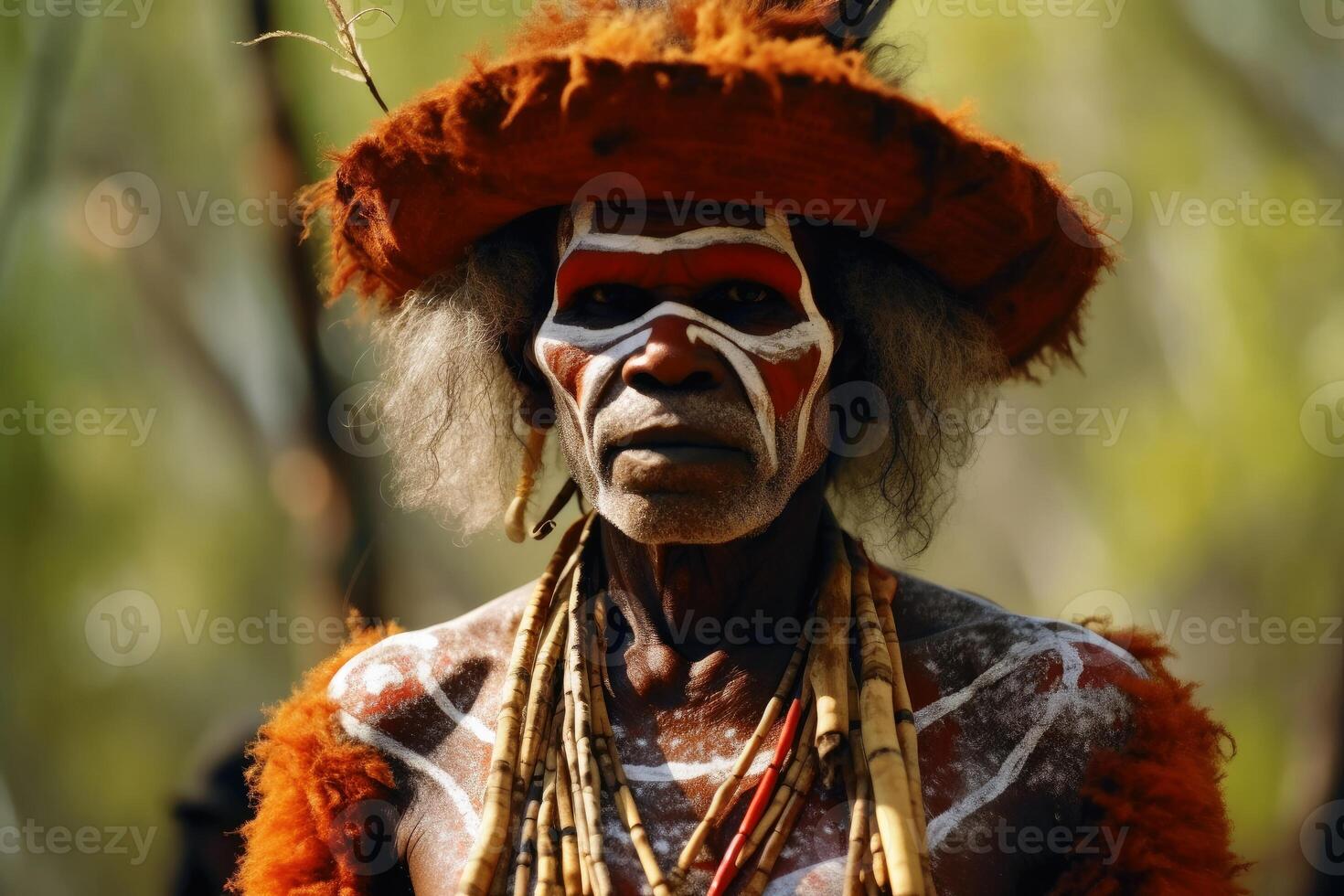 An Australian Aborigine in traditional robes created with generative AI technology. photo