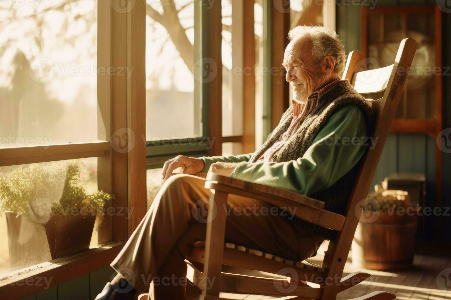 A retired man in a rocking chair created with generative AI technology. photo