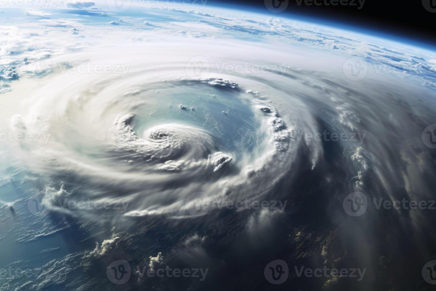 Looking from space on a hurricane on planet earth created with generative AI technology. photo