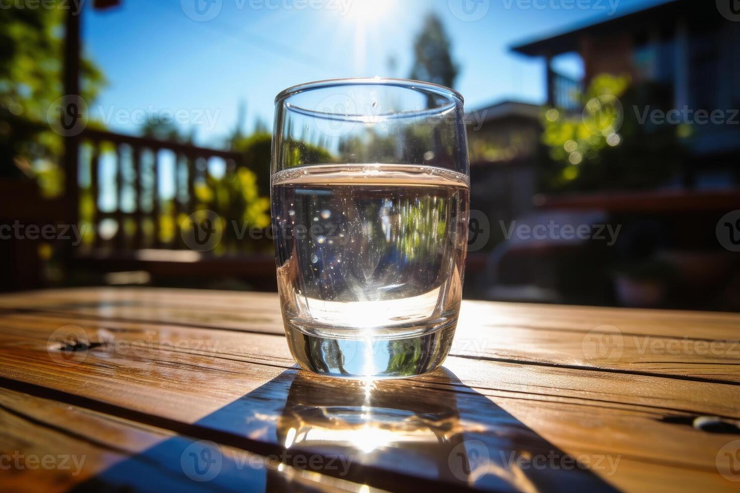 A glass of water in the sun with caustic light effects created with technology. photo