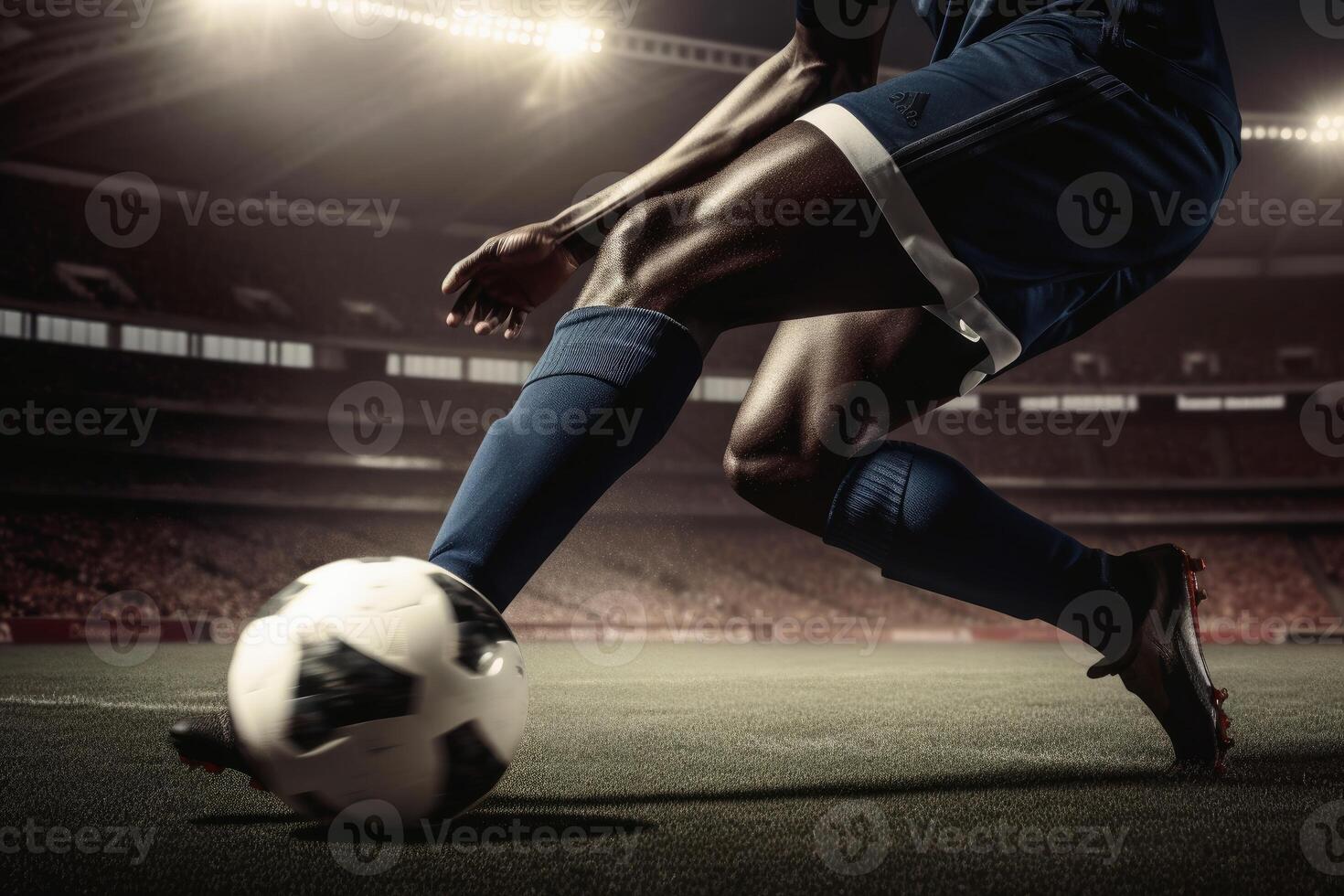 Close up of a soccer player kicking the ball created with generative AI technology. photo