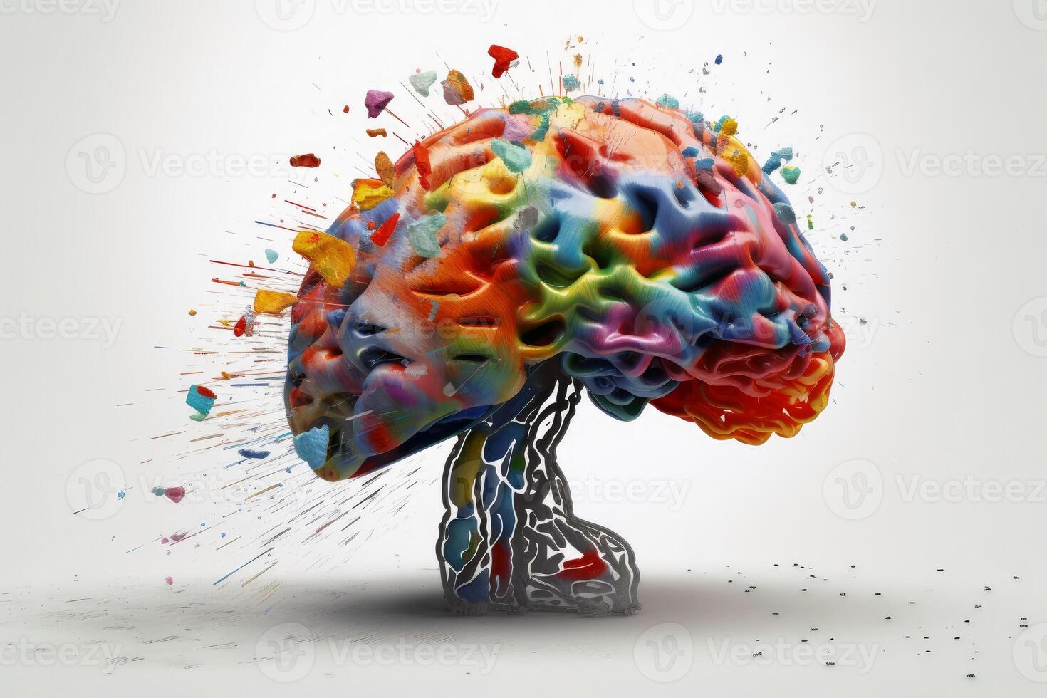 Concept of a human brain with creativity in action created with generative AI technology. photo