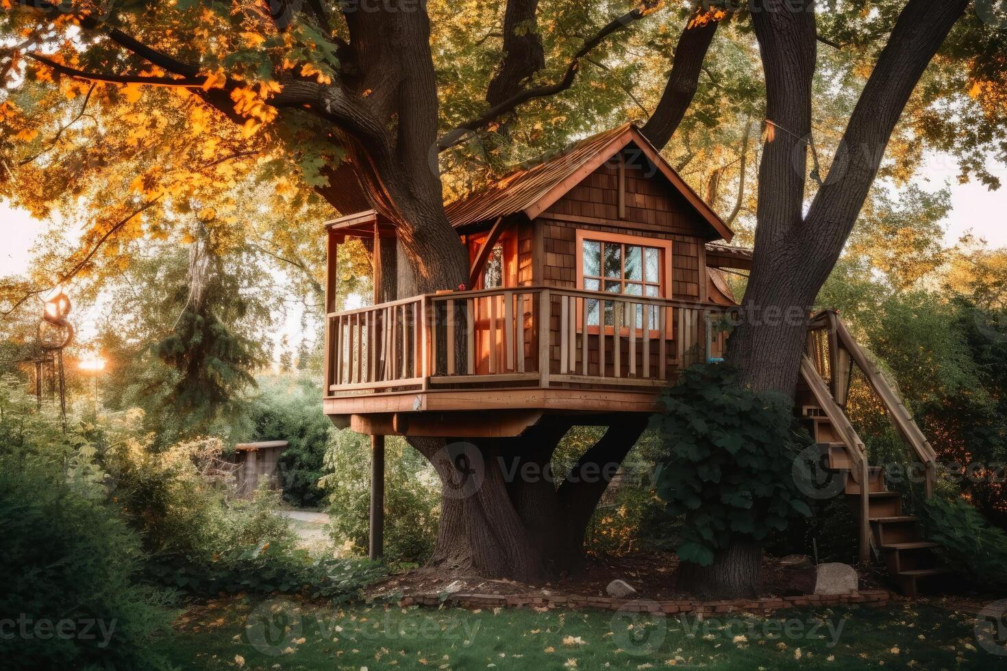 A wooden tree house for kids created with technology. photo