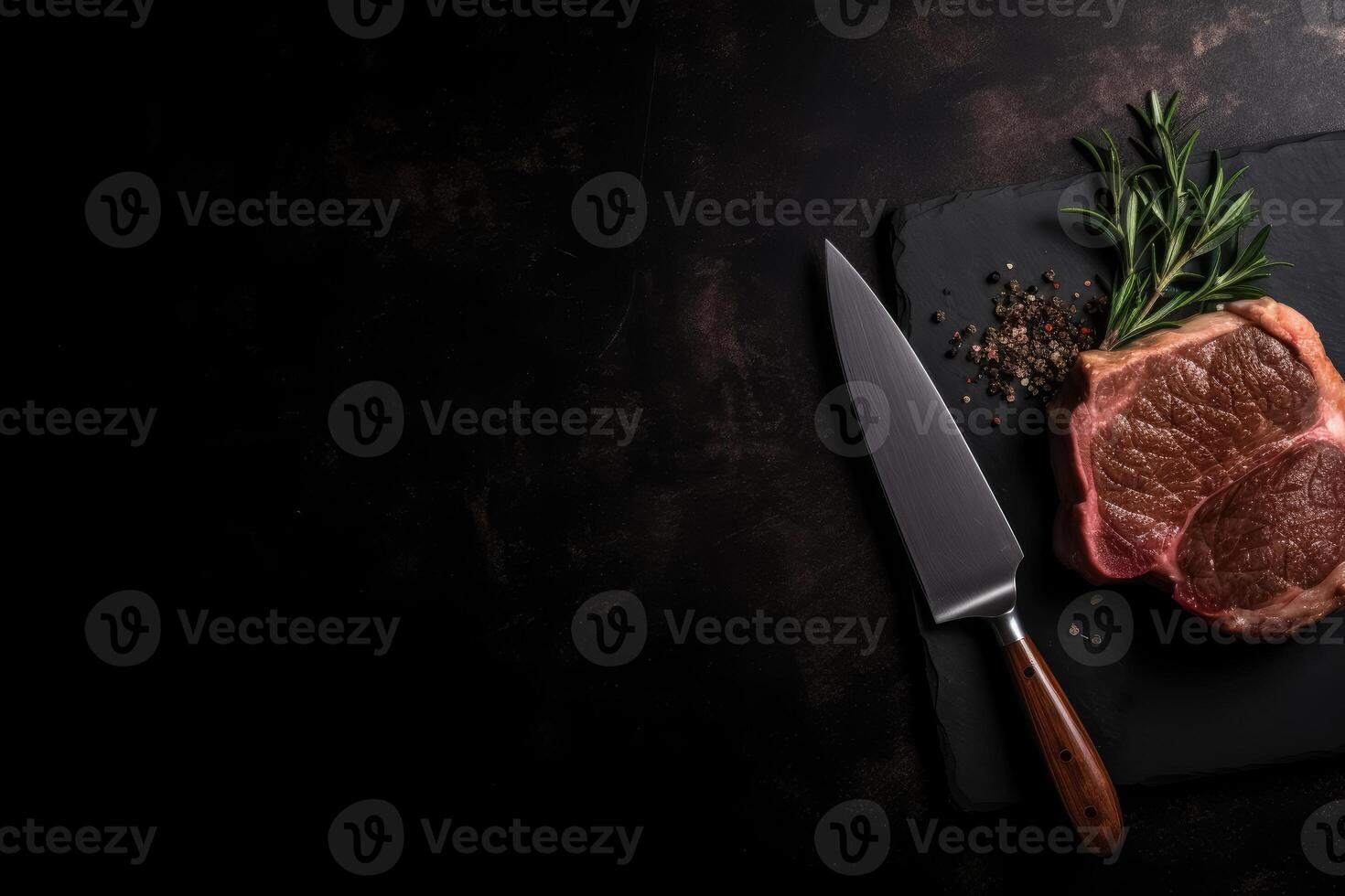 A top view on a delicious steak and a sharp knife with copy space created with generative AI technology. photo