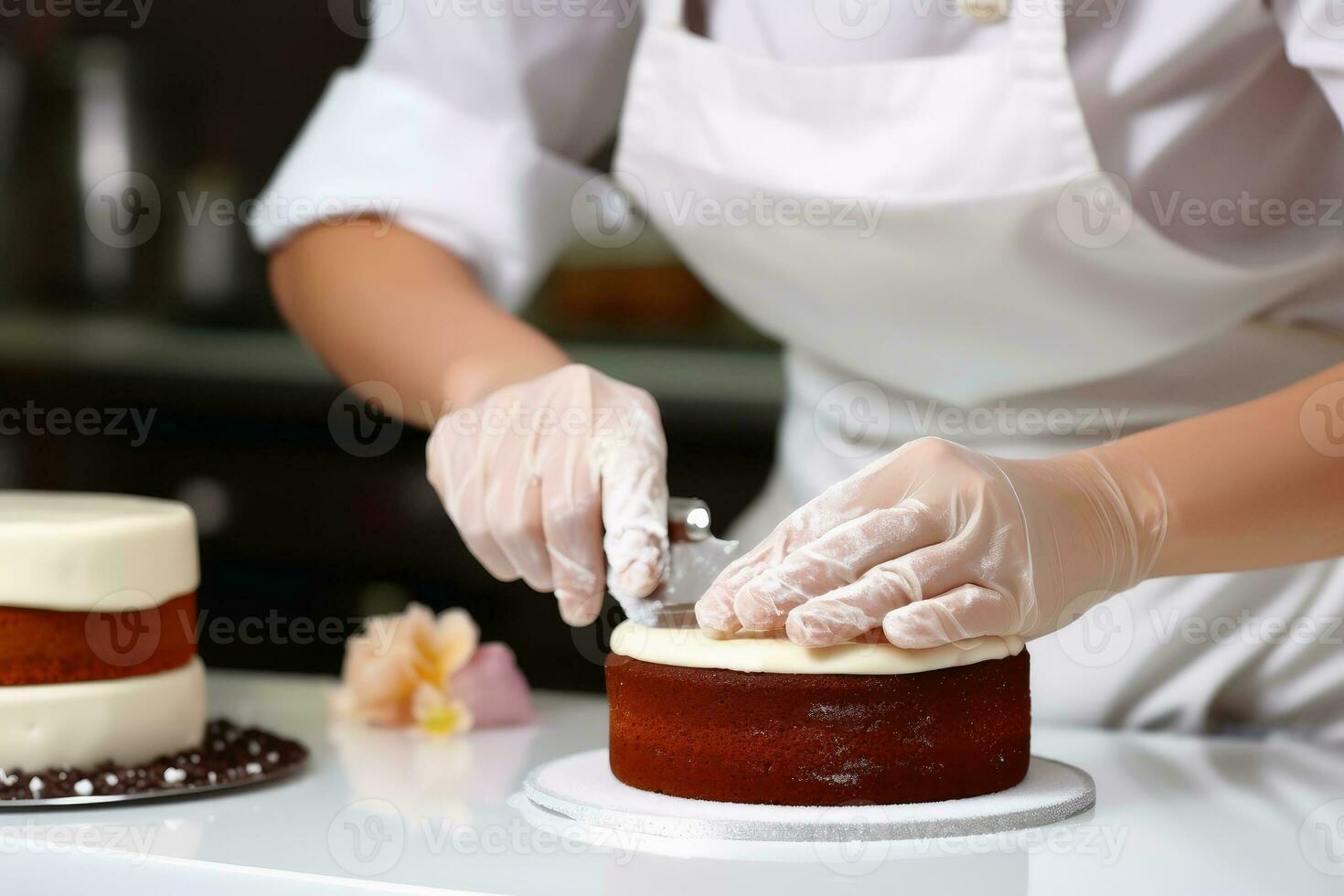 A pastry chef making a cake created with generative AI technology. photo