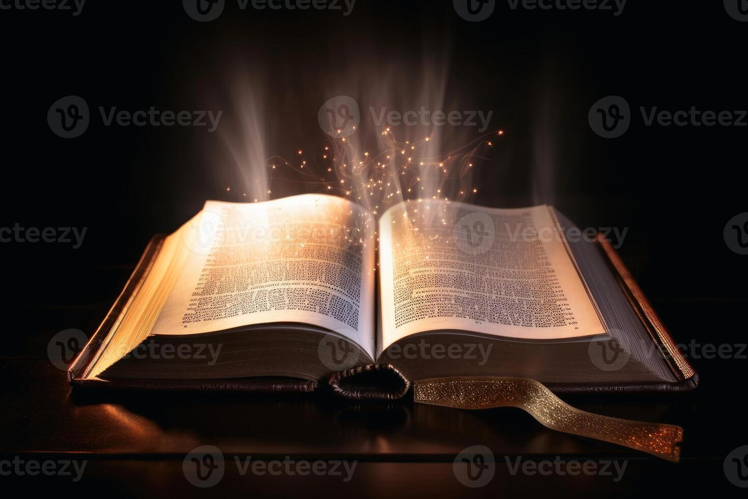 A shining holy bible with a glowing halo created with technology. photo
