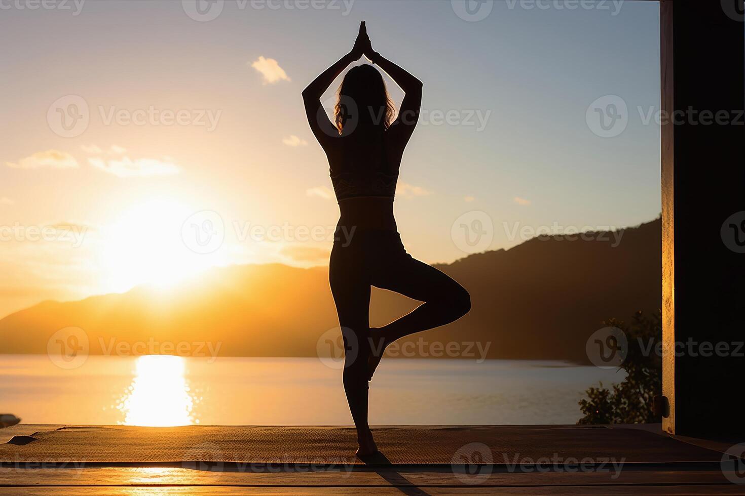 A young woman does yoga in the sun in the morning created with generative AI technology. photo