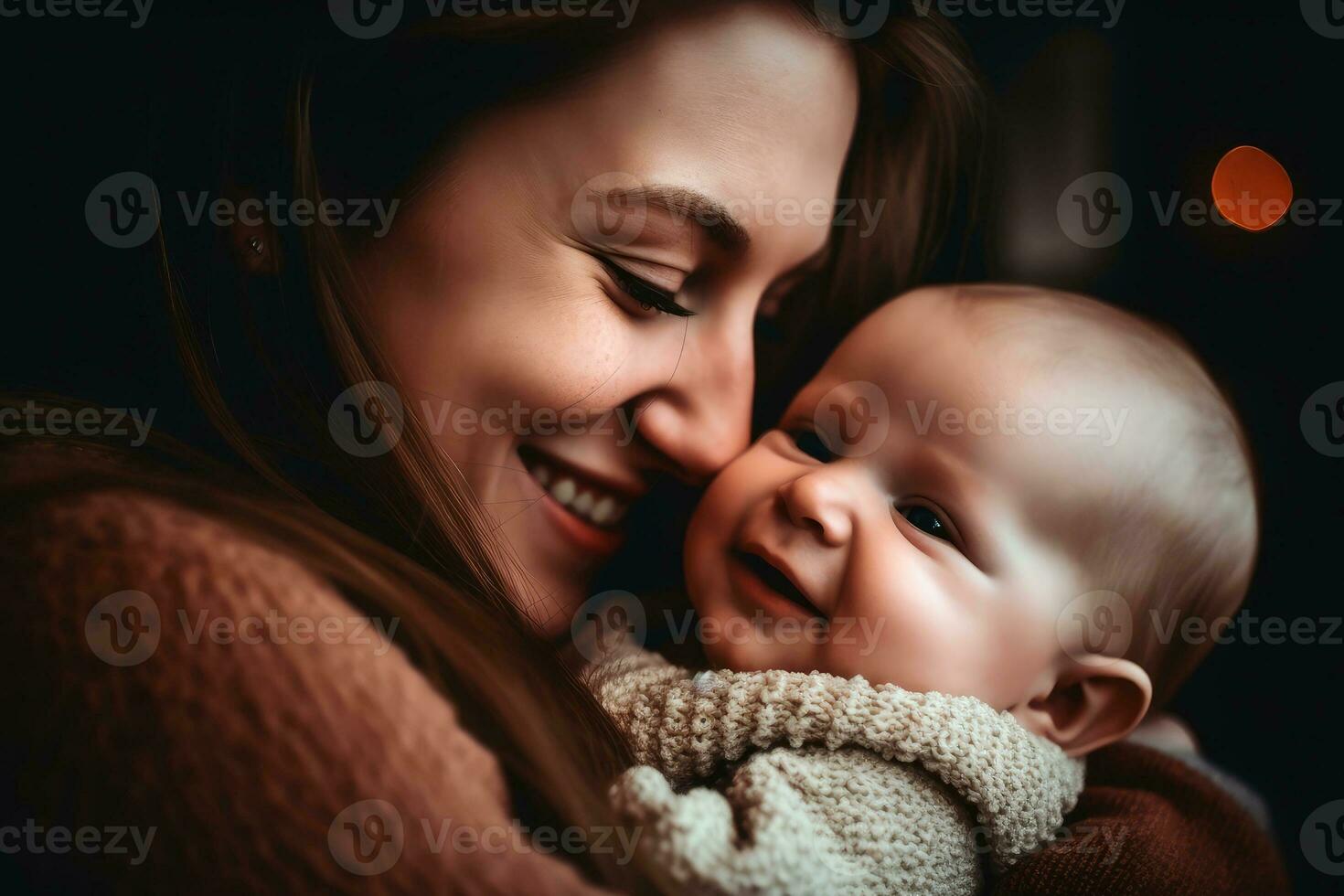 A mother holding her baby in her arms created with generative AI technology. photo