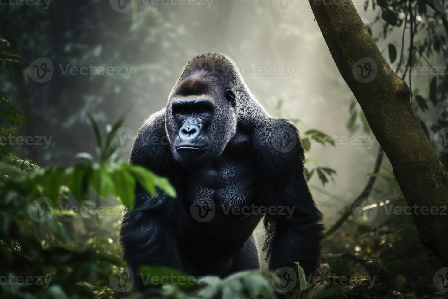 A big gorilla in the jungle created with technology. photo