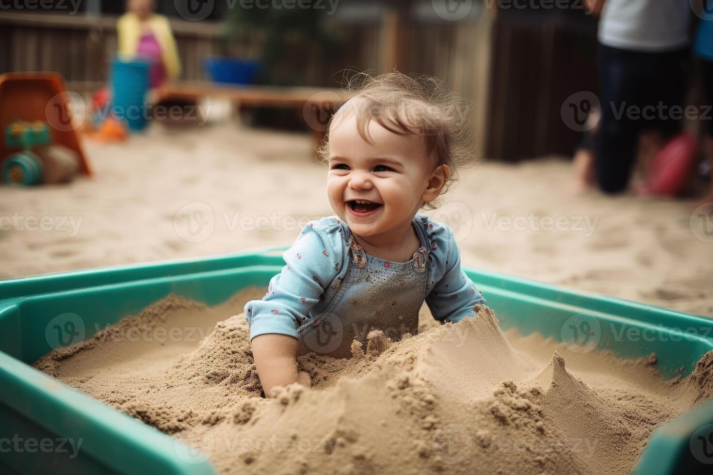 A happy small child playing in a sandbox created with technology. photo