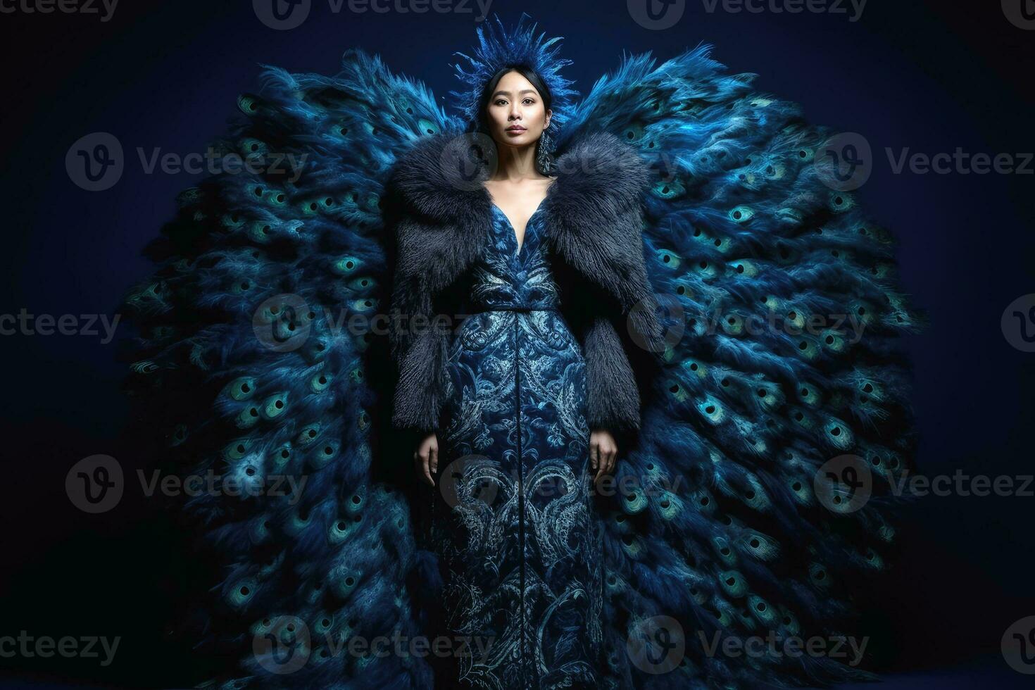 Woman wearing a surreal dress made of peacock feathers created with generative AI technology. photo