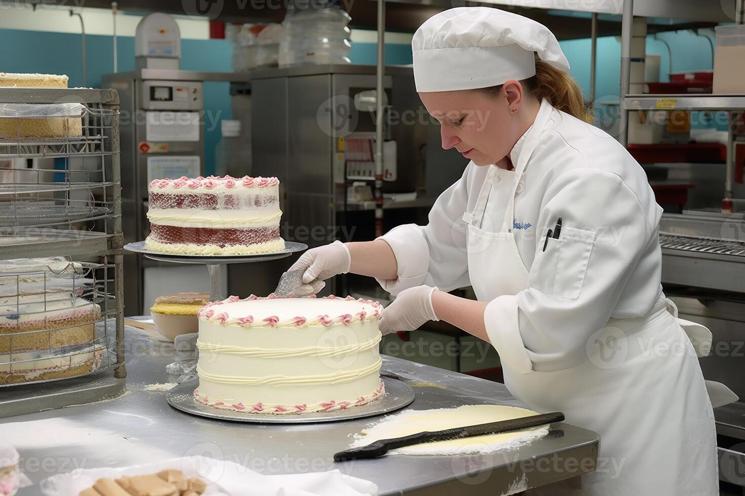 A pastry chef making a cake created with generative AI technology. photo