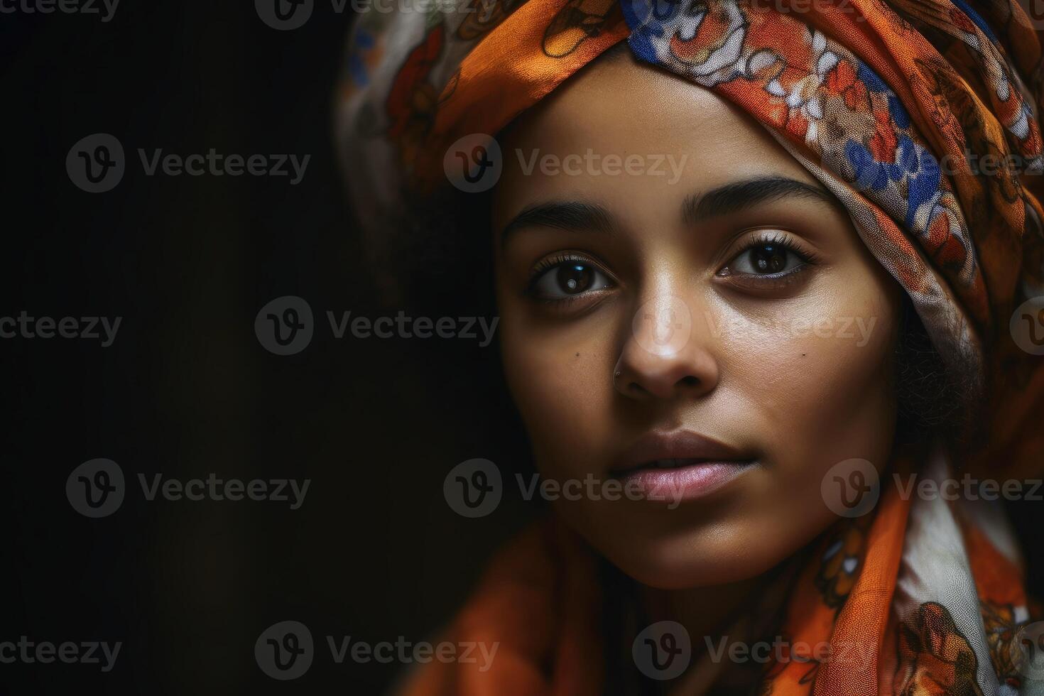 Close up view of a young woman with a headscarf created with generative AI technology. photo