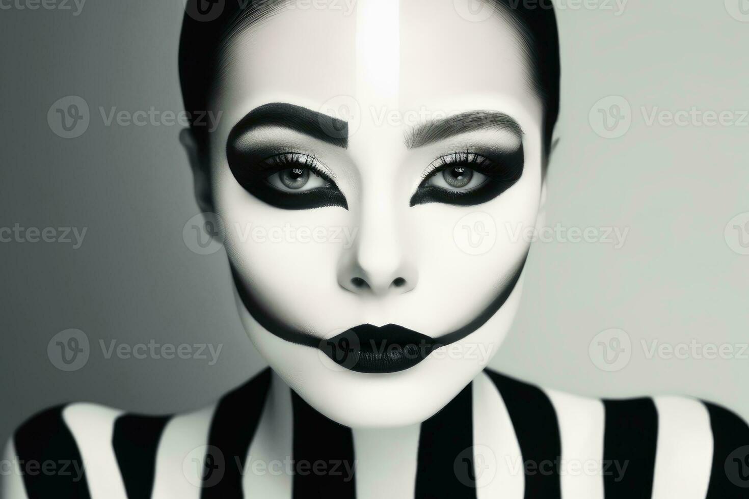 retrato de un mujer con un negro y blanco maquillaje separando el cara creado con generativo ai tecnología. foto