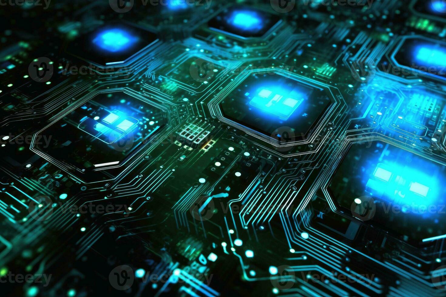 A background of modern technology with conductors and processors in colourful light. photo