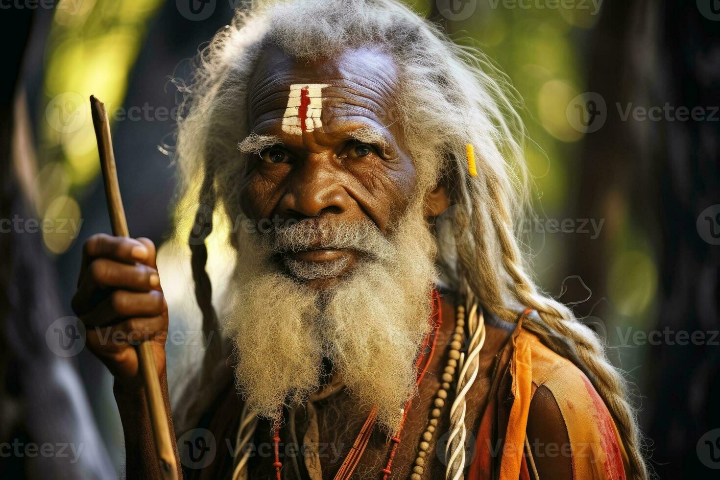 An Australian Aborigine in traditional robes created with generative AI technology. photo