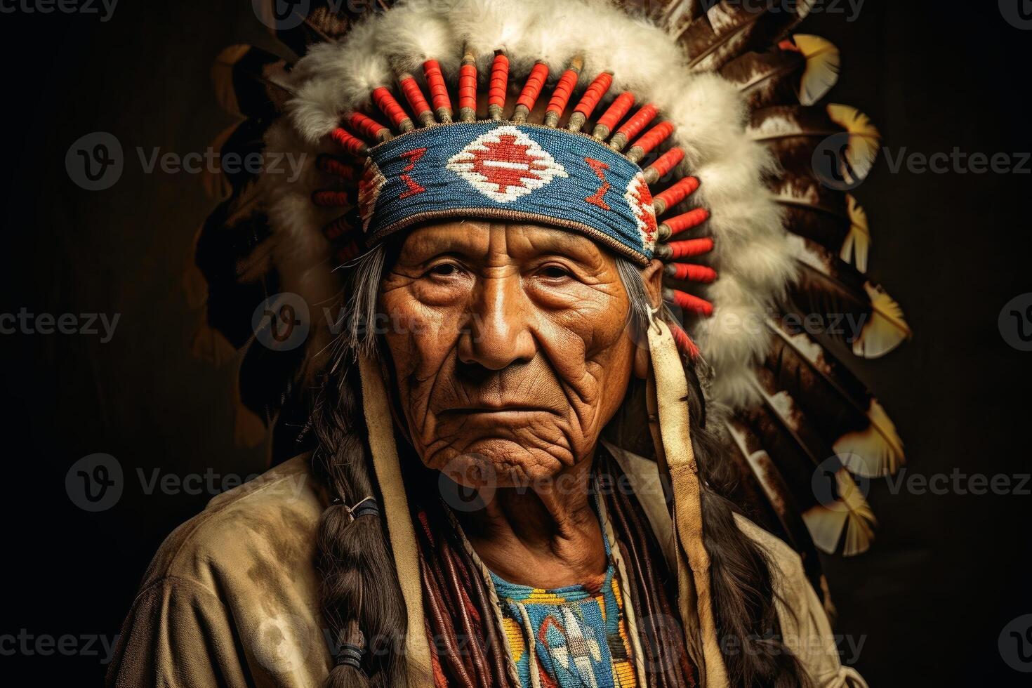 Impressive Indian Chief portrait created with technology. photo