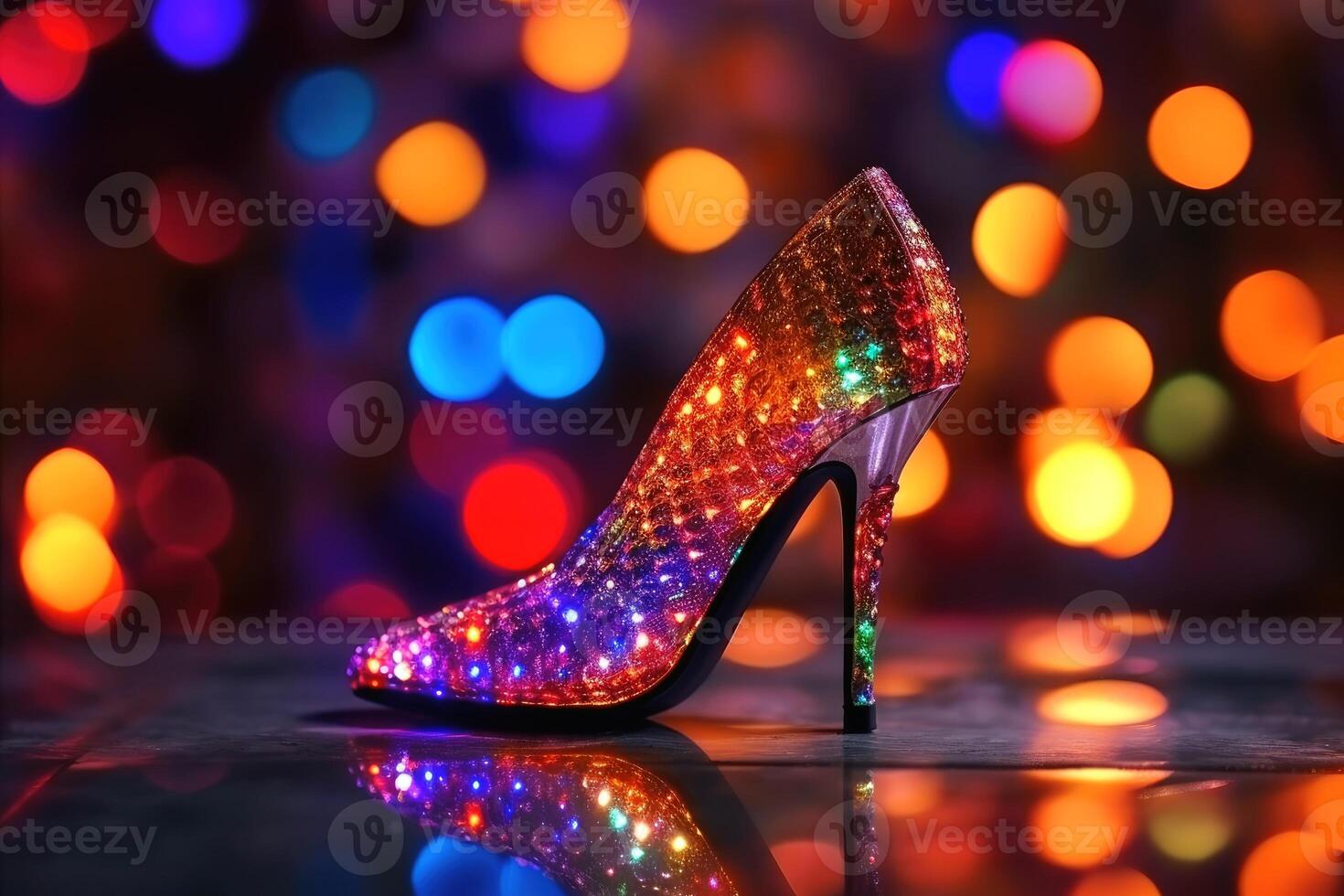 A high heel made of glass bokeh lights background created with technology. photo