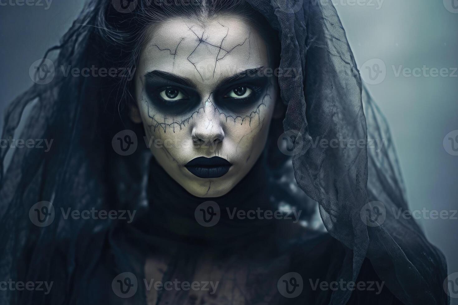 A creepy woman with a dark spooky make up created with technology. photo