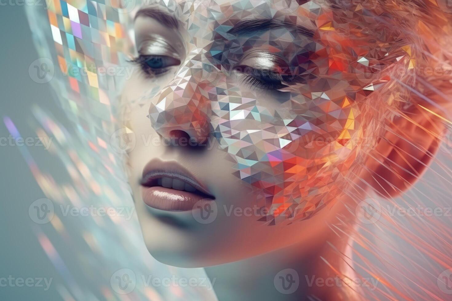 Close up of a beautiful cyberspace female face in a chaotic surreal style created with generative AI technology. photo