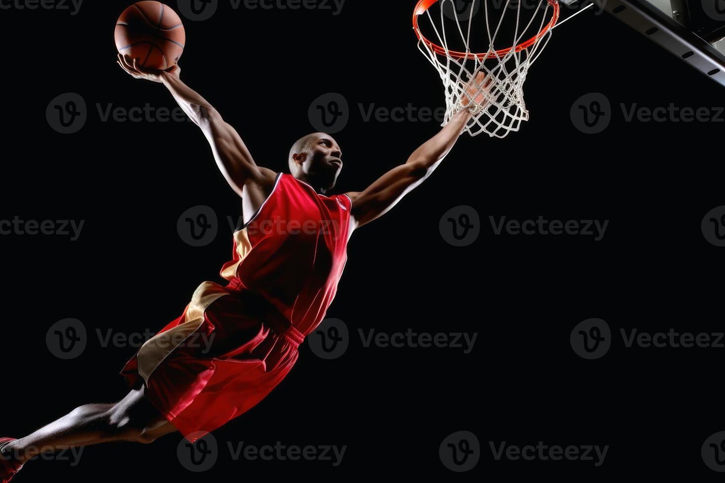 A professional basketball player in an action shot created with generative AI technology. photo