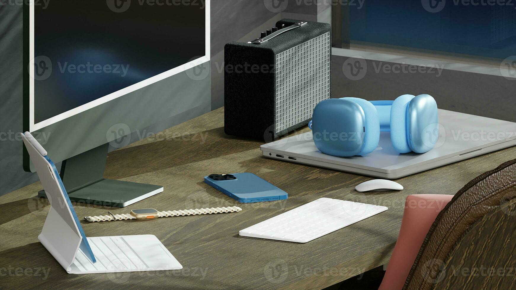 On the working table create from 3D reder program photo