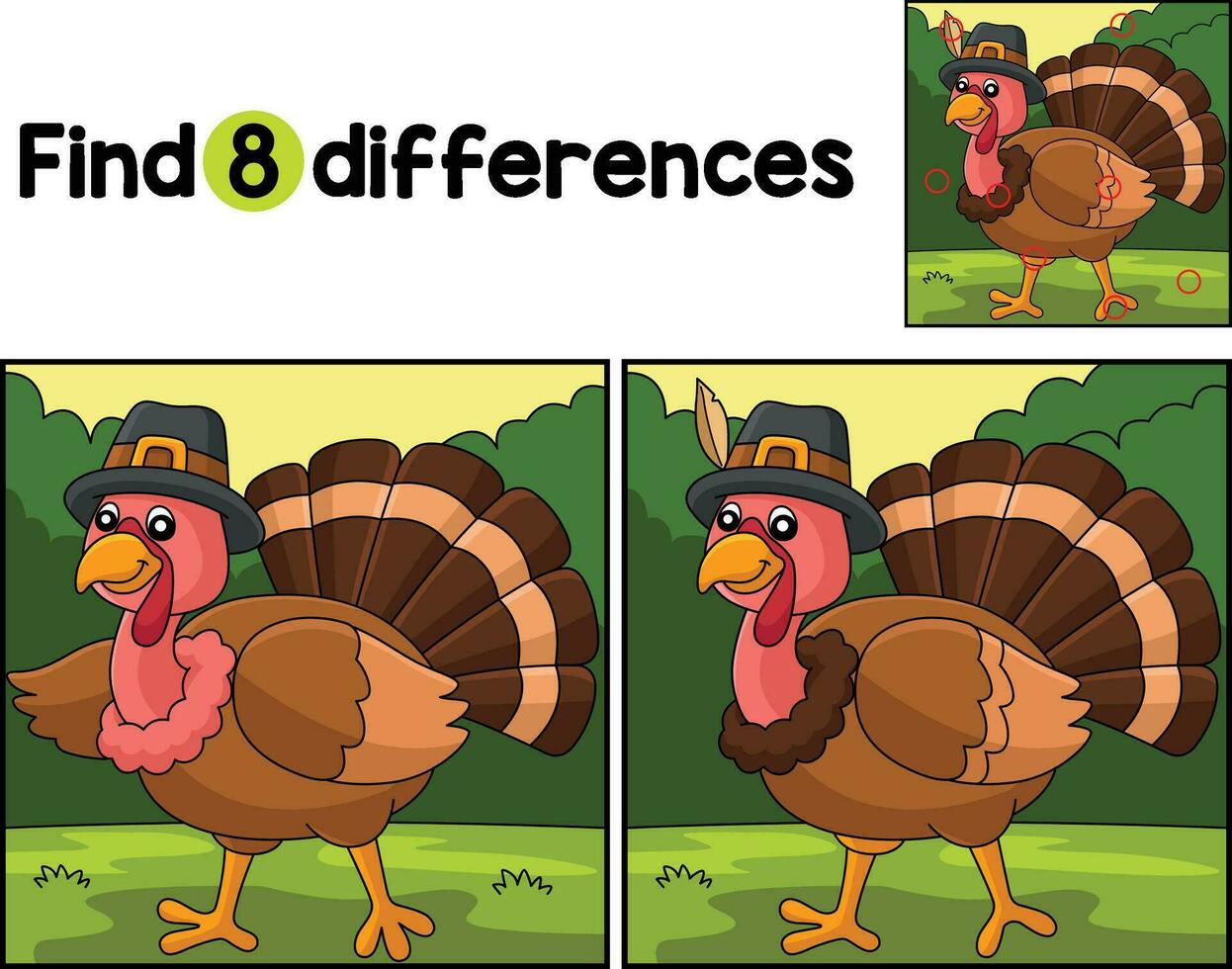 Thanksgiving Turkey with Hat Find The Differences vector
