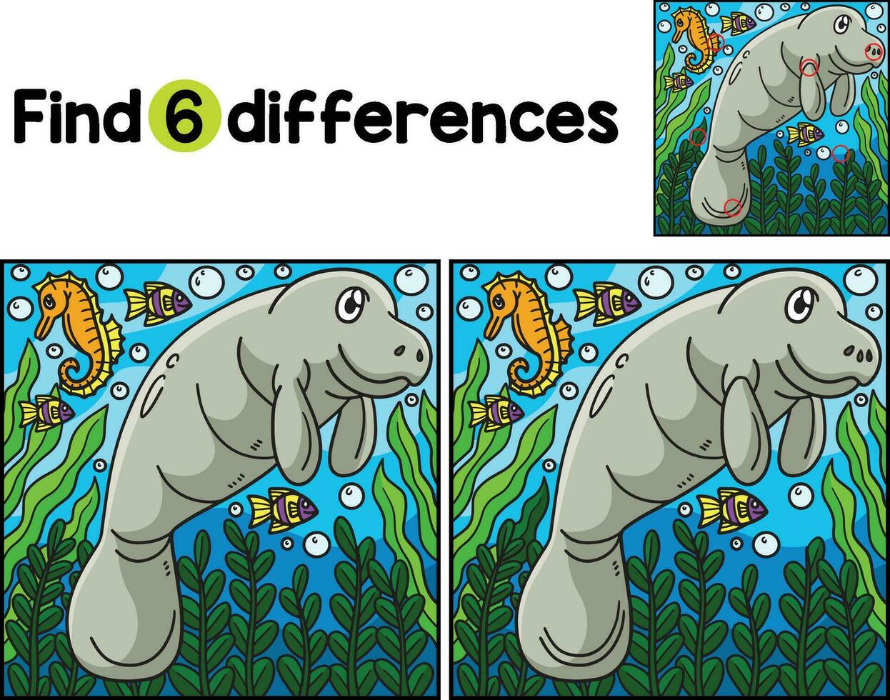 Manatee Animal Find The Differences vector