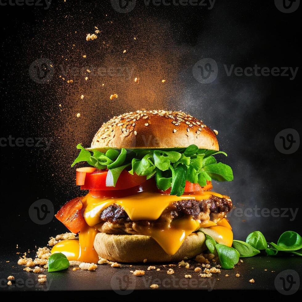 A cheese burger with tomatoes lettuce and melted cheese AI generated photo