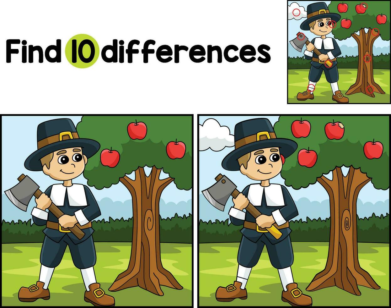 Thanksgiving Pilgrim Boy Axe Find The Differences vector