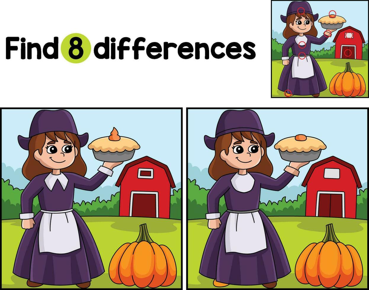 Thanksgiving Pilgrim Girl Pie Find The Differences vector