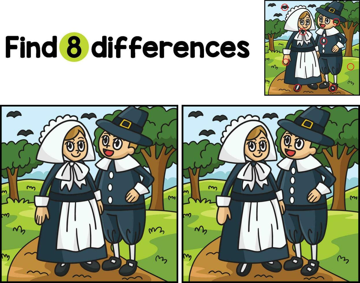 Thanksgiving Pilgrim Children Find The Differences vector
