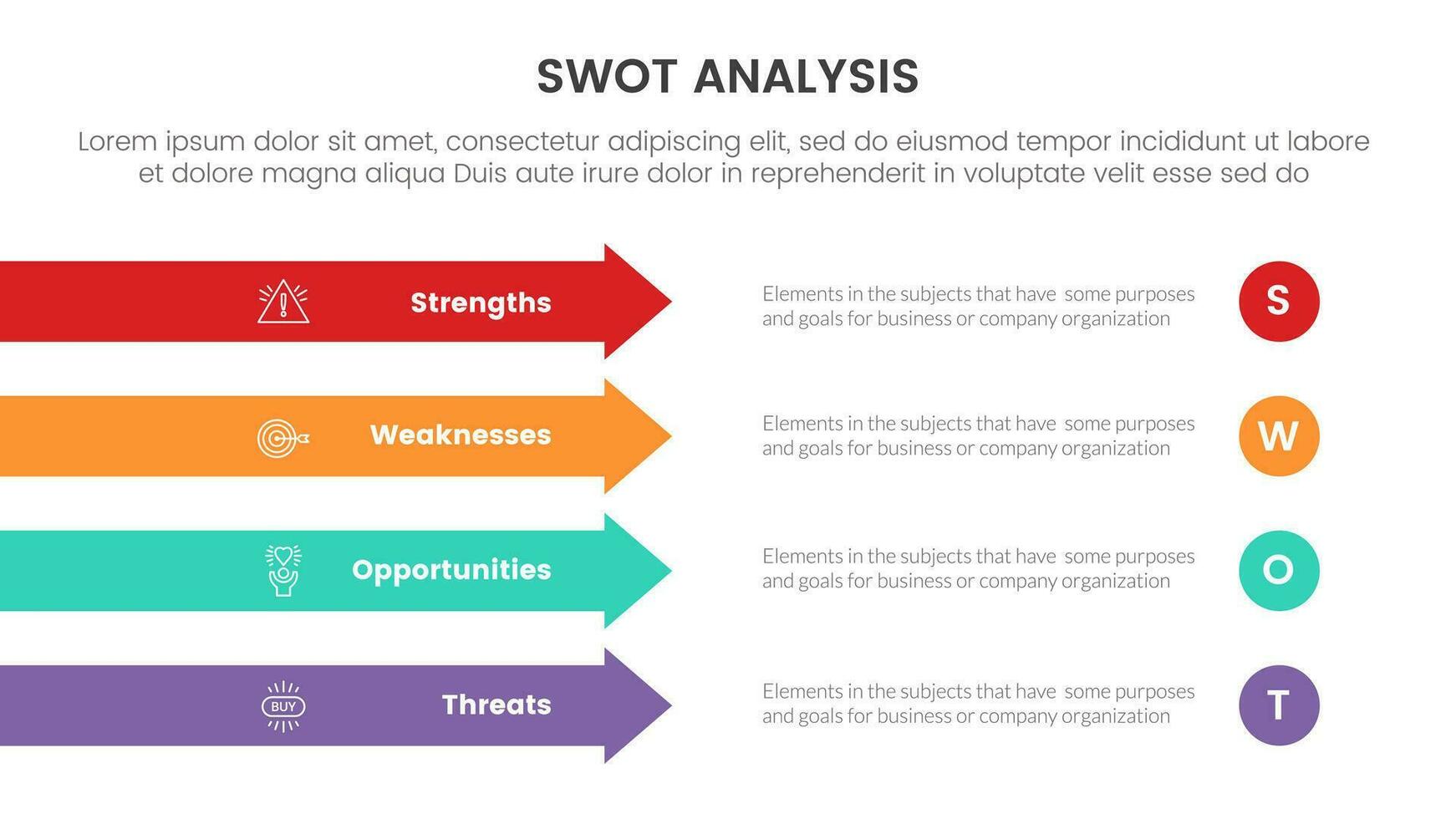 swot analysis concept with for infographic template banner with rectangle arrow right direction four point list information vector