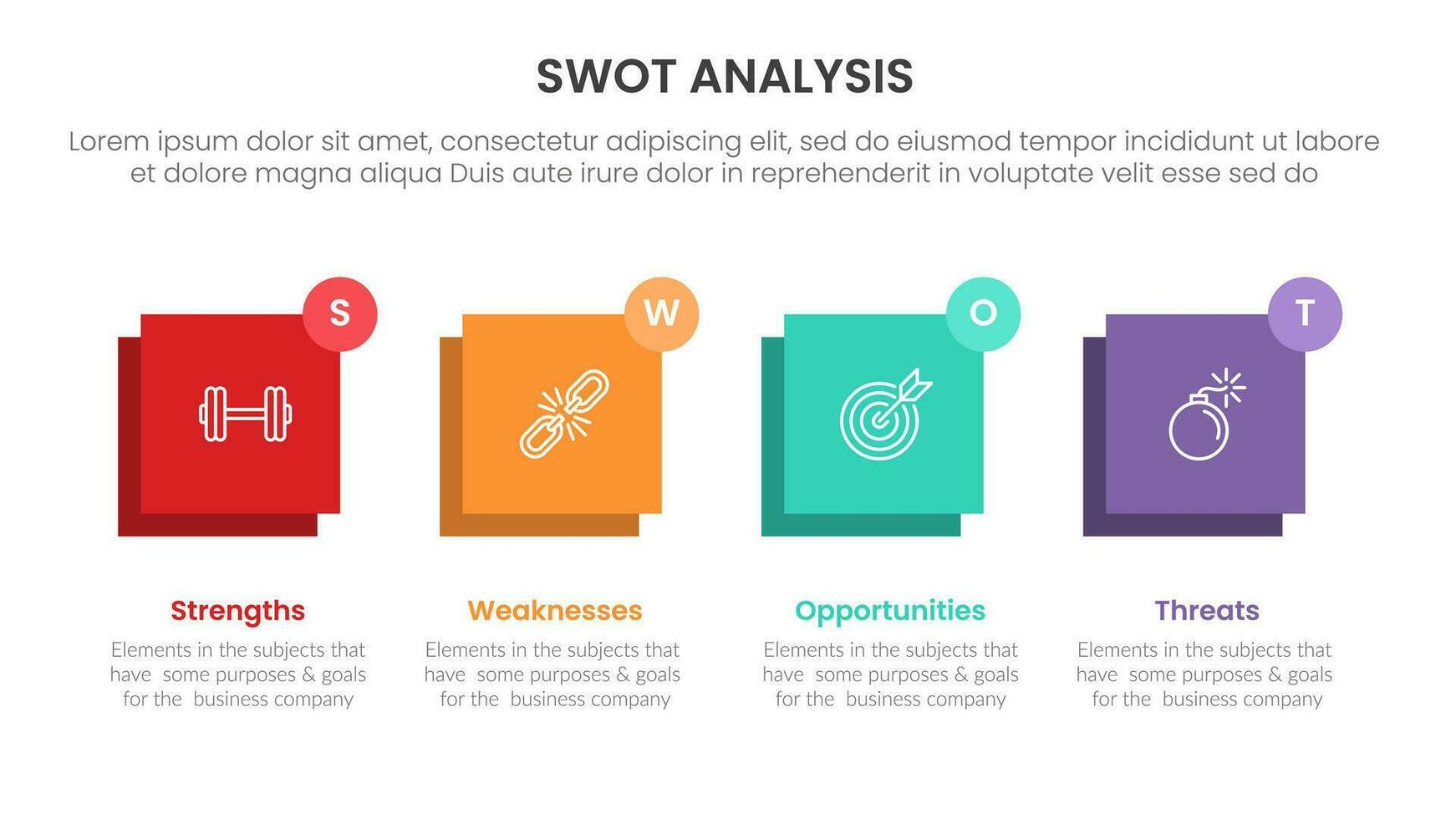 swot analysis concept with for infographic template banner with square box and small circle badge four point list information vector