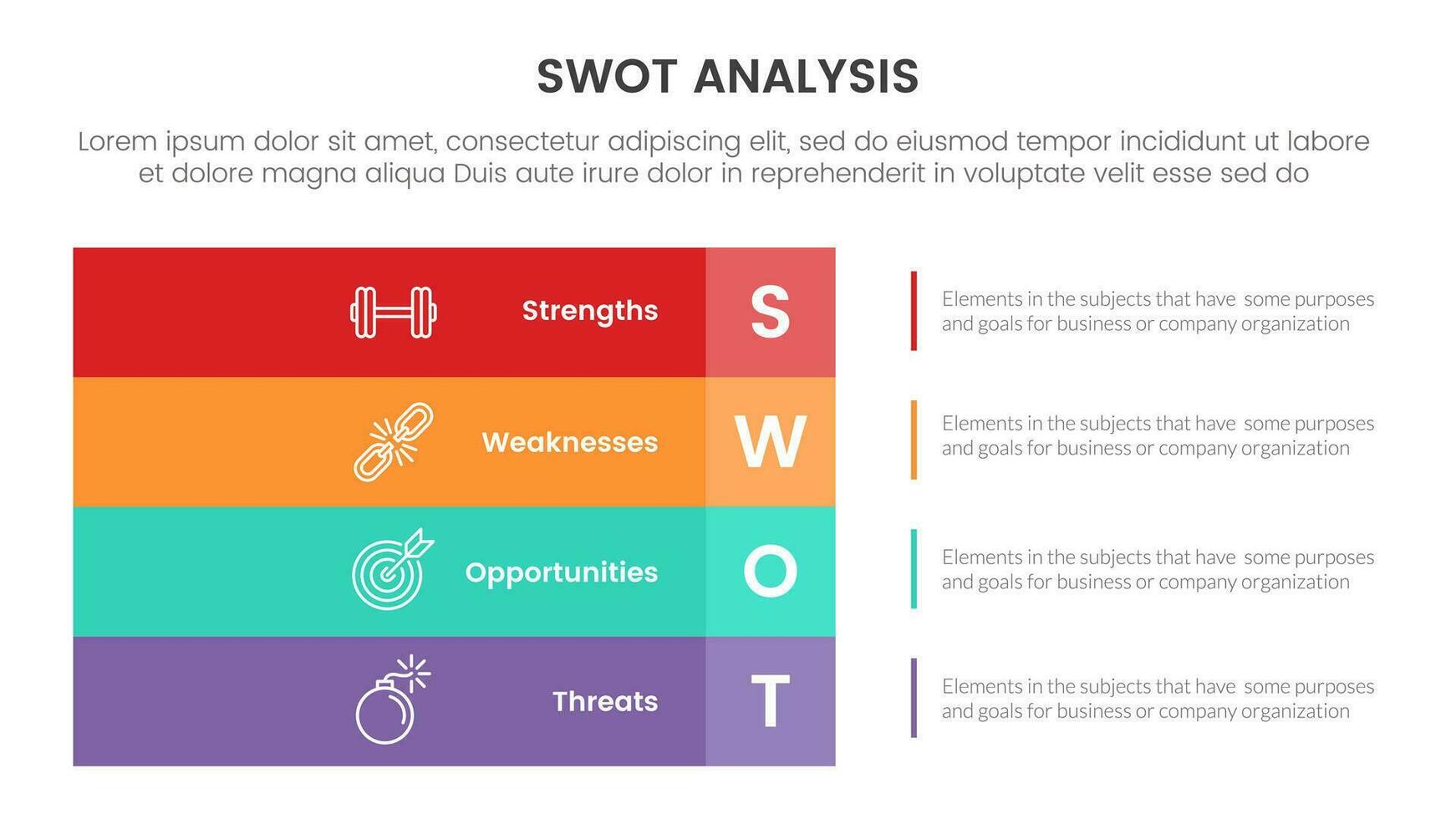 swot analysis concept with for infographic template banner with big rectangle box left layout four point list information vector