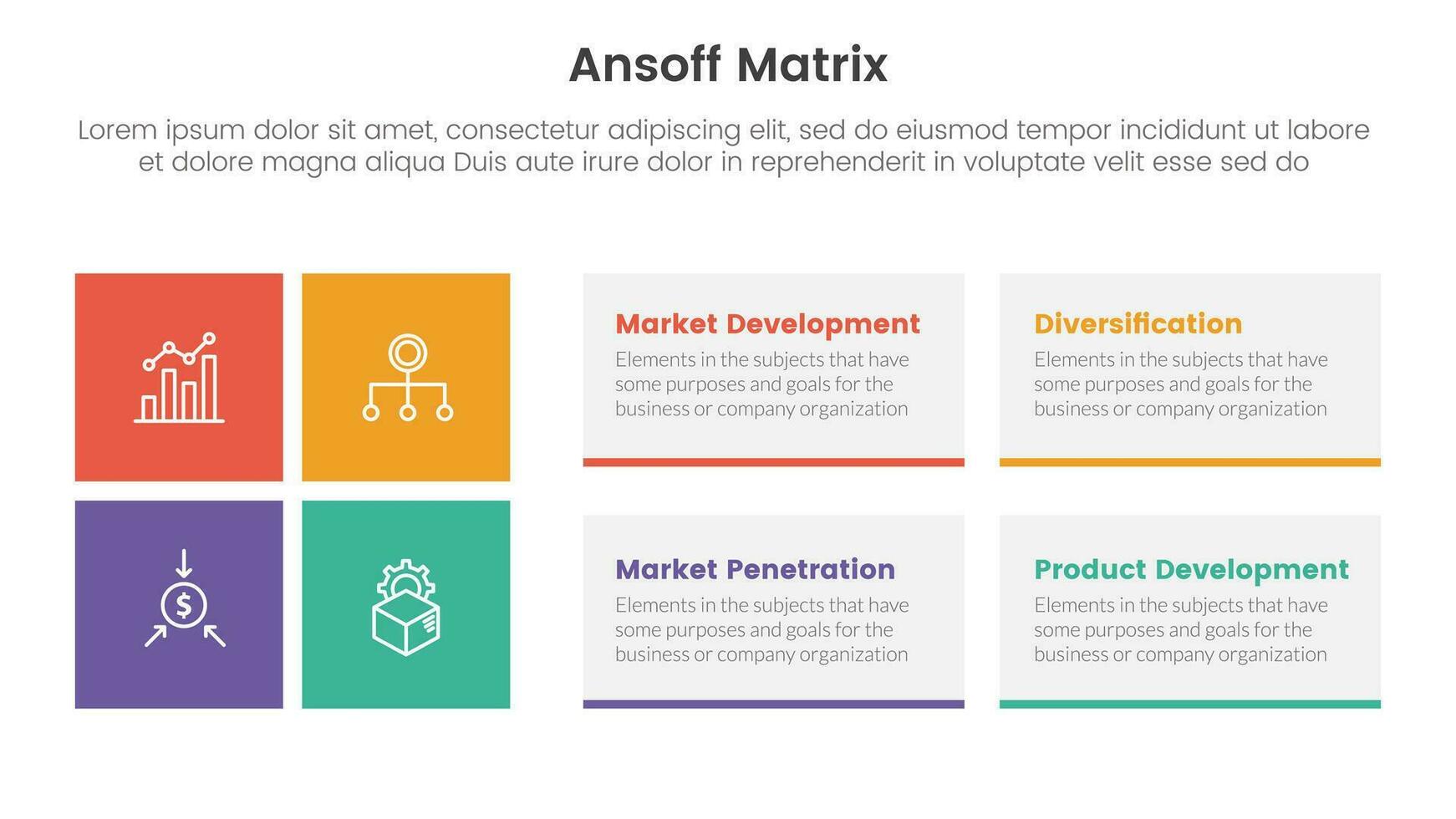ansoff matrix framework growth initiatives concept with for infographic template banner with rectangle box shape four point list information vector