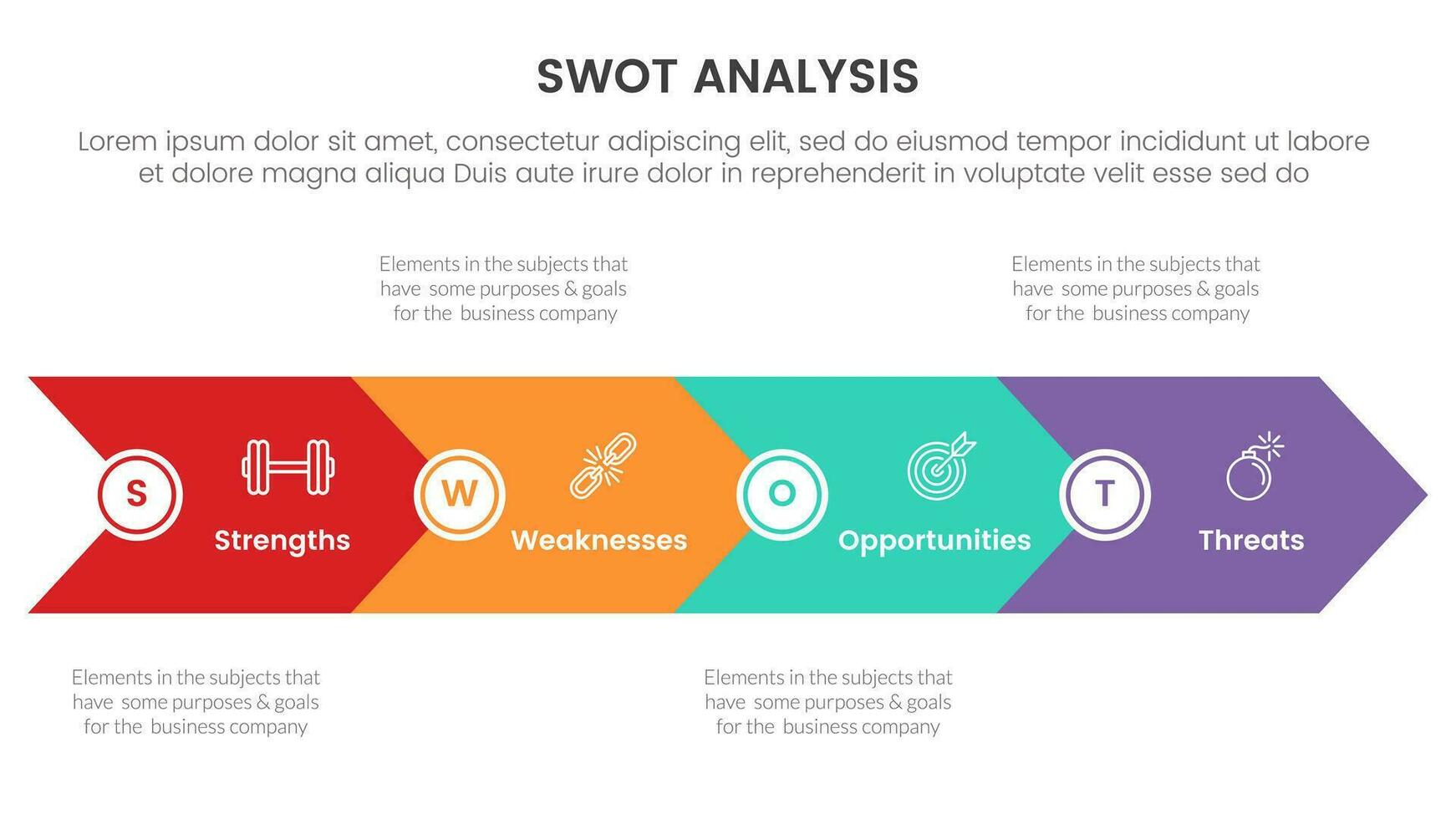 swot analysis concept with for infographic template banner with big arrow base shape four point list information vector