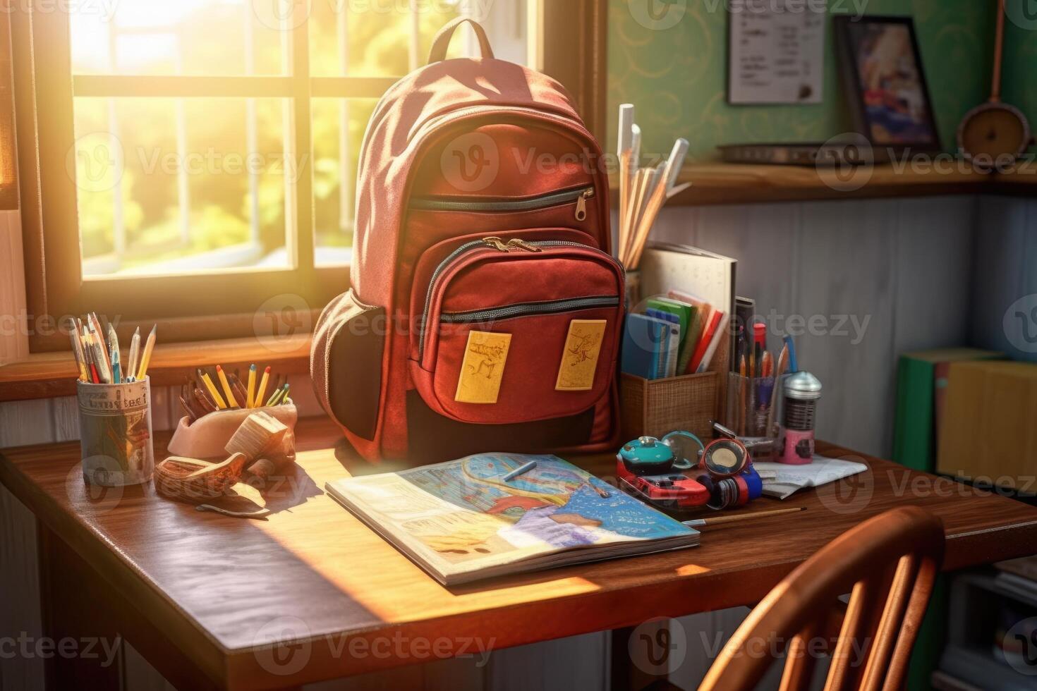 Backpack and school supplies on the school desk. photo