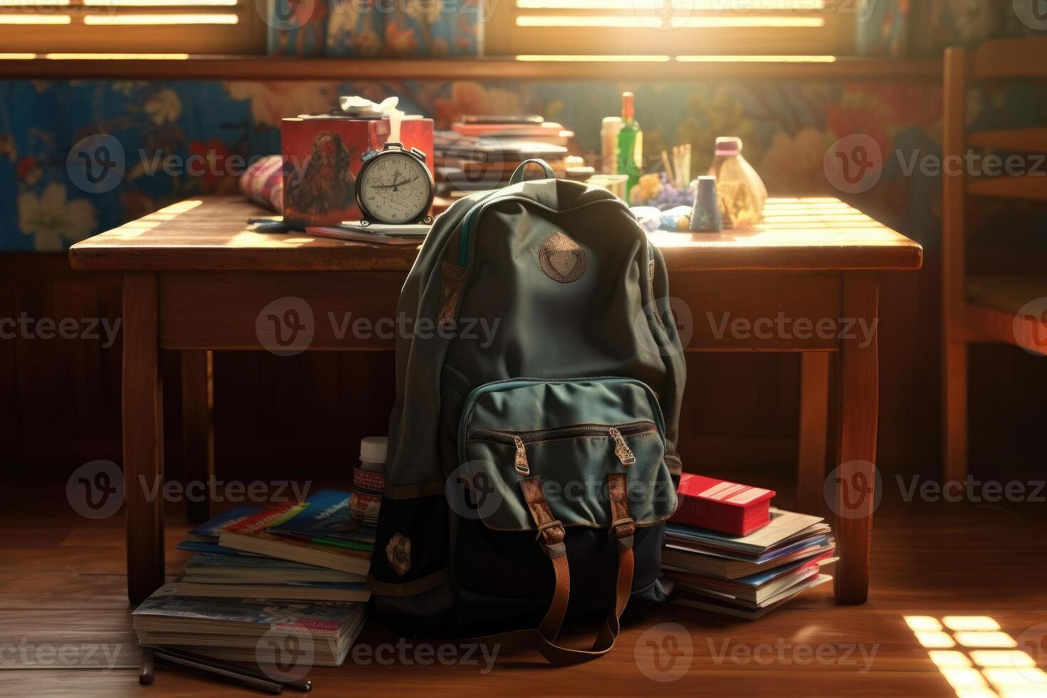 Backpack and school supplies on the school desk. photo