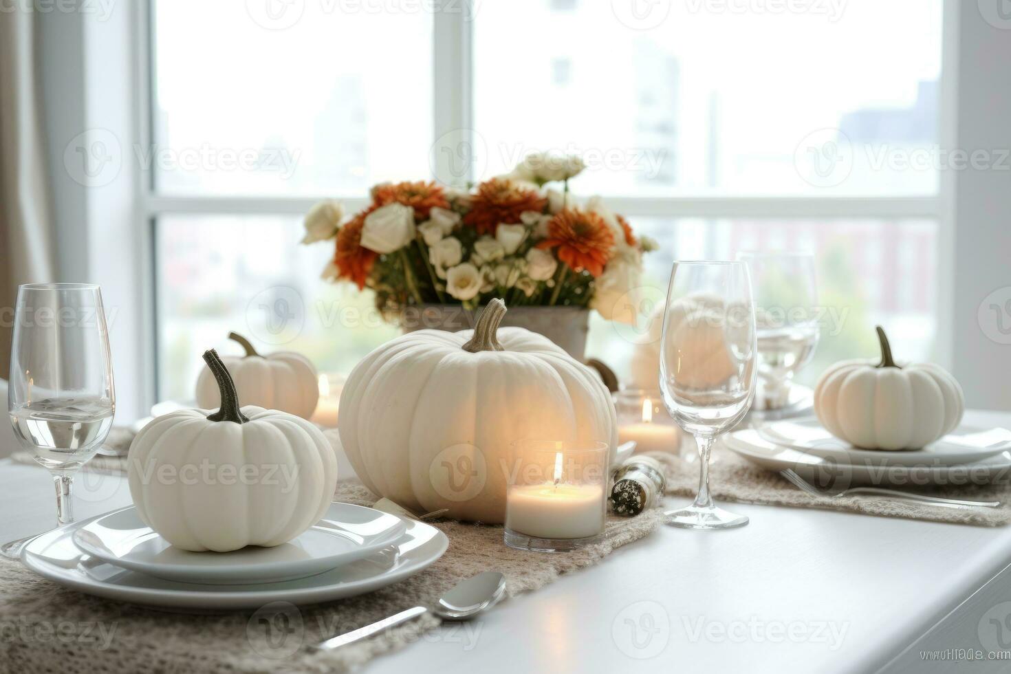 Thanksgiving dinner table setting in a light modern dining room ...
