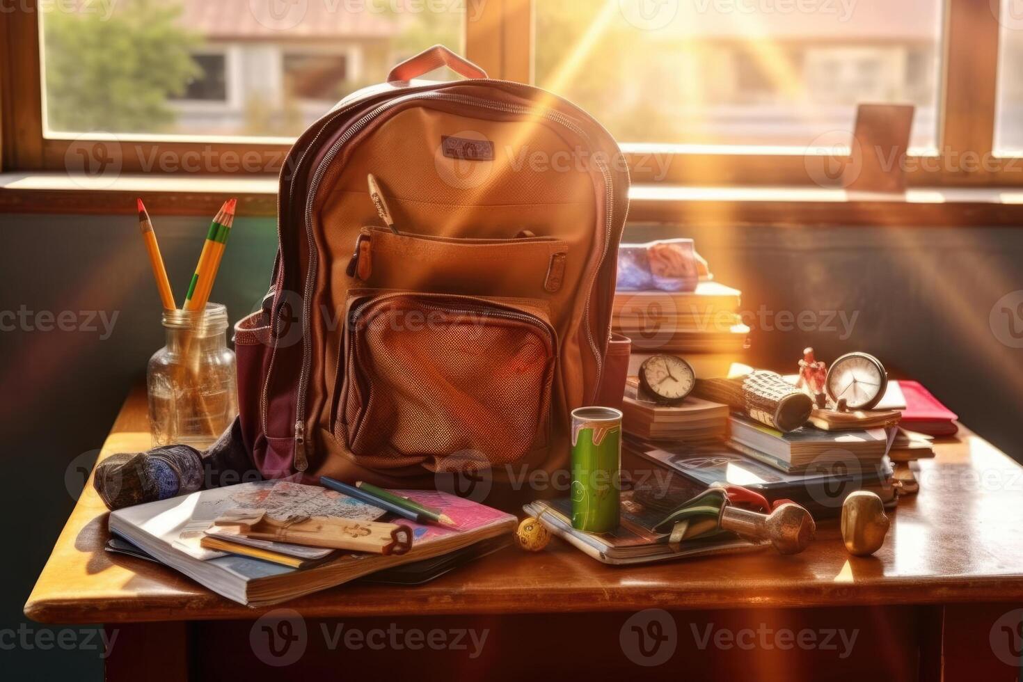 Backpack and school supplies on the school desk. photo
