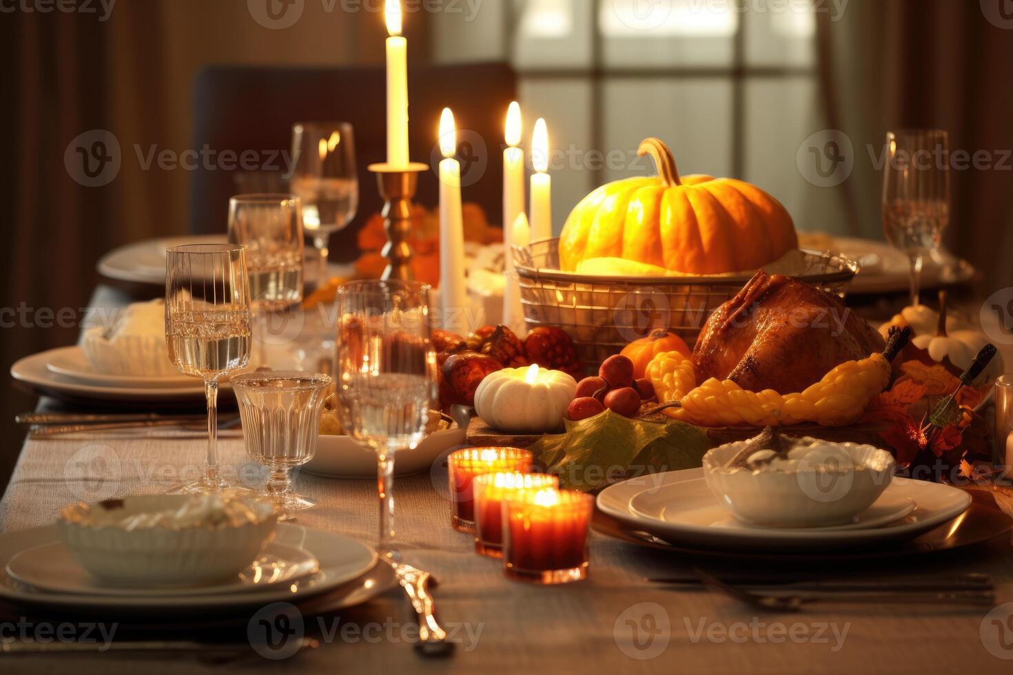 Thanksgiving dinner with turkey. Autumn table setting with ...