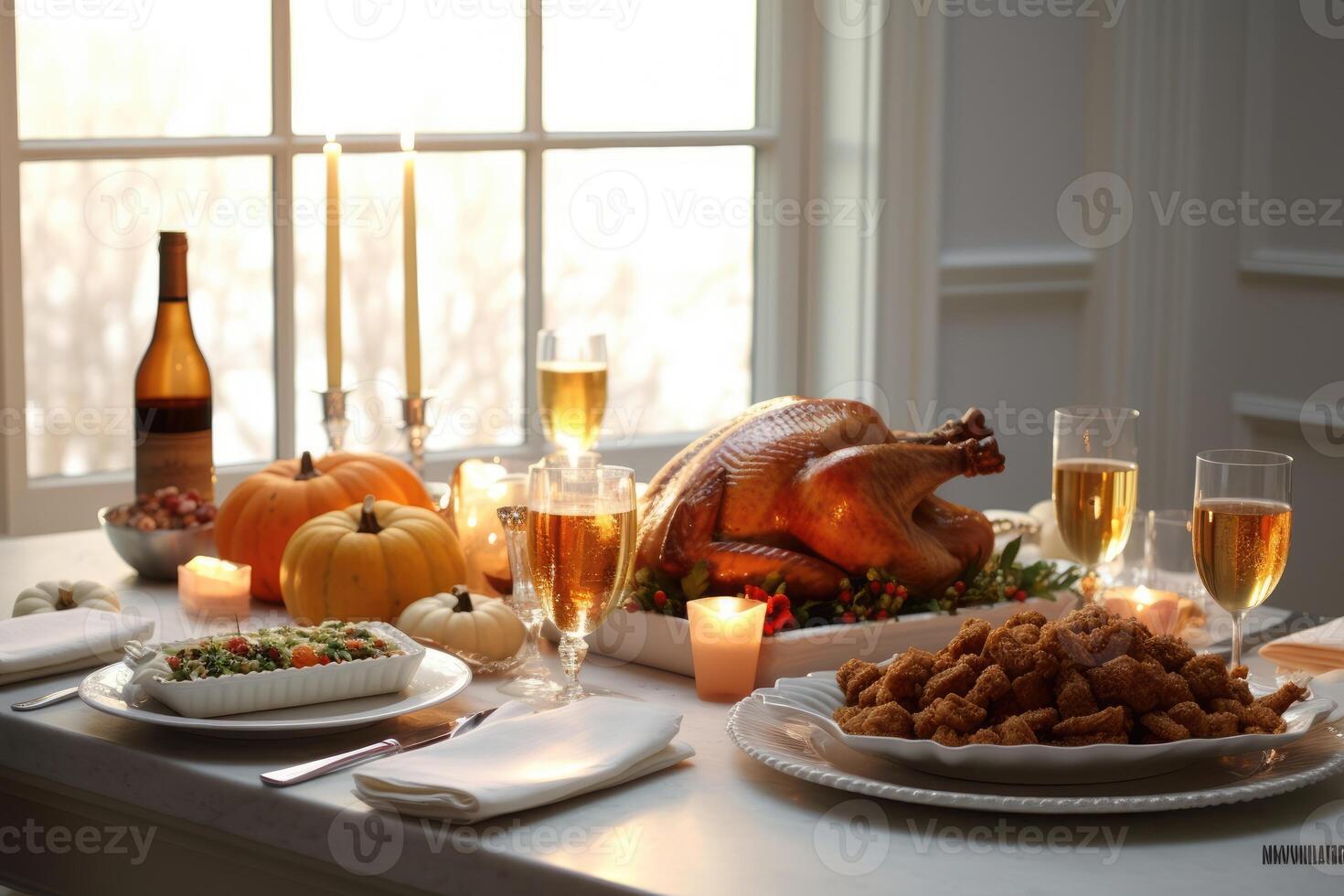 Thanksgiving dinner with turkey. Autumn table setting with pumpkins and candles. Fall home decoration. photo