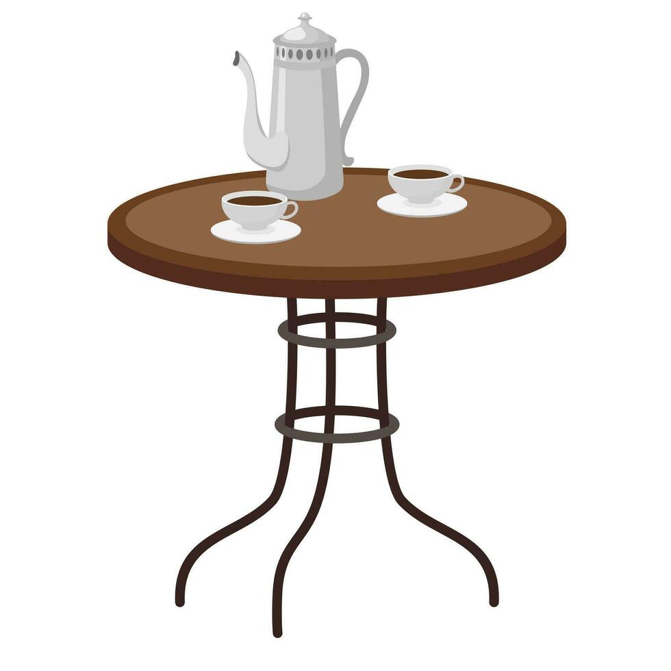 mesa con falsificado piernas, tazas, café maceta. vector