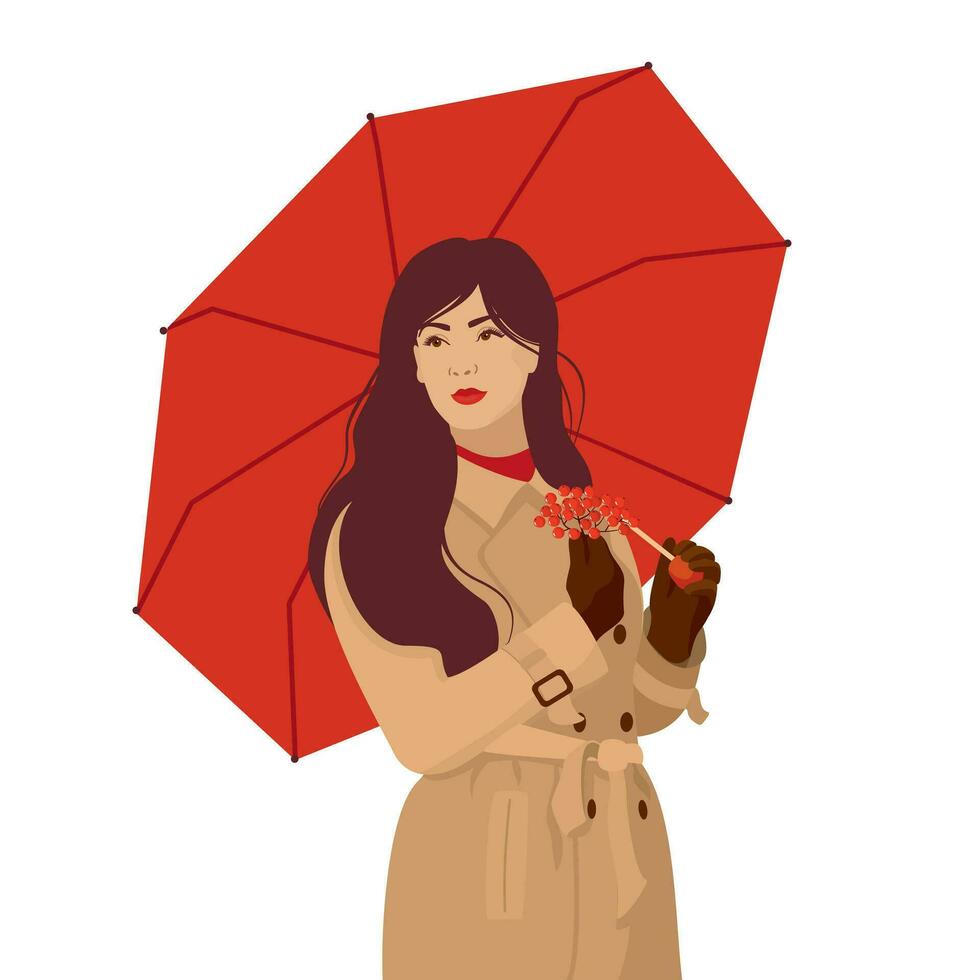 un niña con un rojo paraguas y un manojo de montaña ceniza. vector