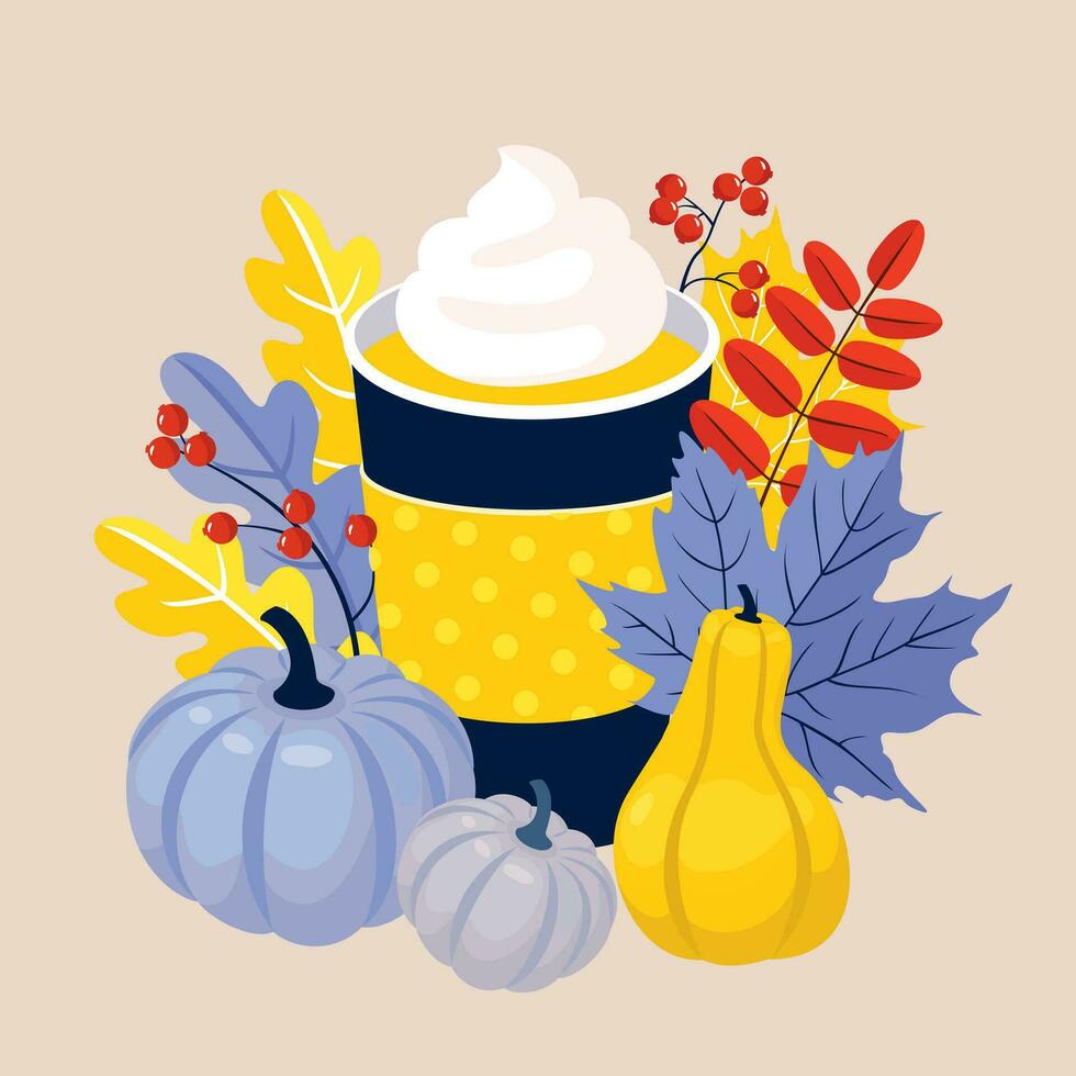 Autumn card. pumpkins, leaves, paper cup, latte, berries. vector