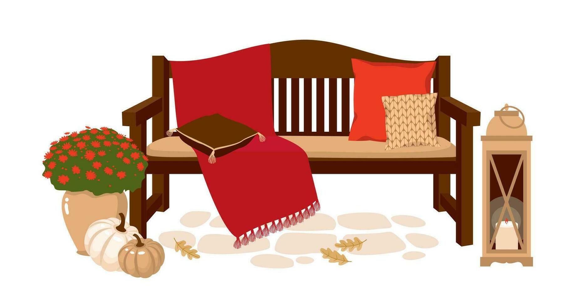 A bench with a blanket and pillows, a street lamp with a candle, a pot of flowers. vector